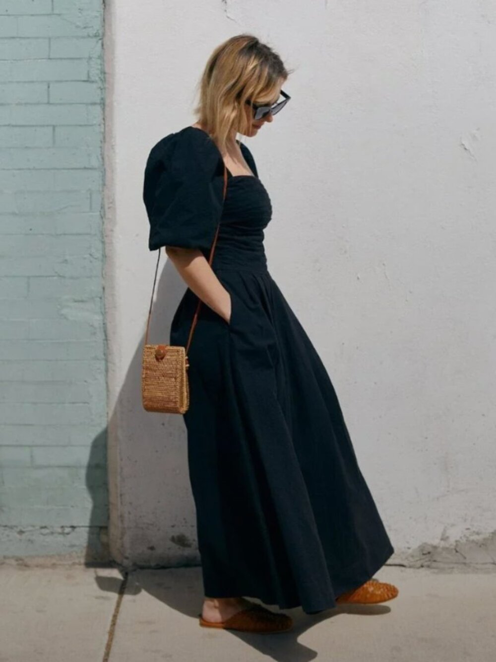 Free People Ain't She a Beaut Puff Sleeve Ruched Dress Black XS